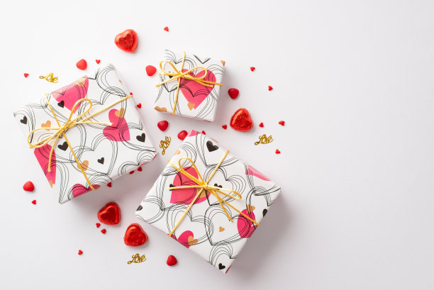 情人节的概念。顶部视图照片的时尚礼盒心形巧克力糖果洒和金色的五彩纸屑孤立的白色背景图片下载