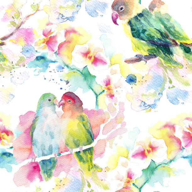 异国情调的无缝模式与爱情鸟和玉兰花。图片下载