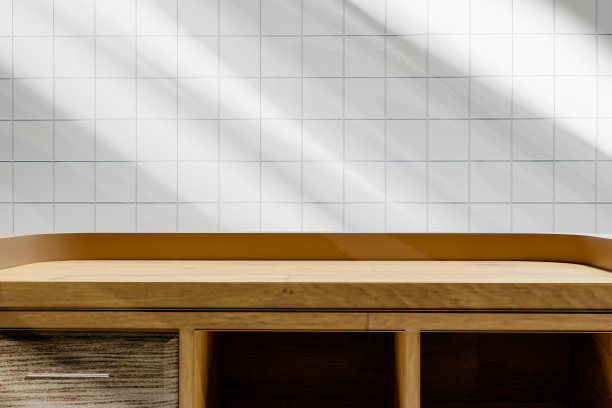 摘要三维渲染背景，空白的空间在橡木木厨房台面顶部与早晨的阳光阴影在白色瓷砖在厨房的产品展示，广告，模拟，或等图片下载