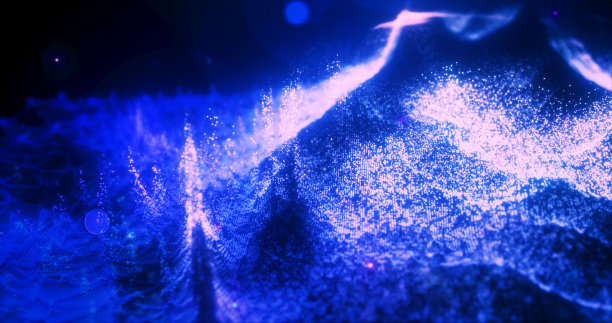 抽象的蓝色未来景观的粒子和点的能量魔法发光和模糊效果，抽象的背景图片下载