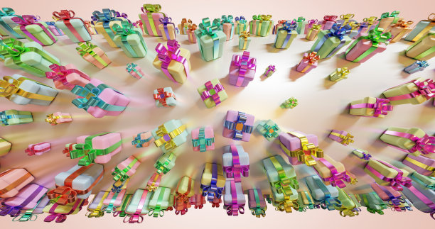 五彩缤纷的礼品盒上有一个球形的蝴蝶结。微型三维渲染图片下载