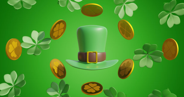 圣帕特里克节。小精灵帽子周围的金币和三叶草叶子在绿色的背景。三维渲染图片下载