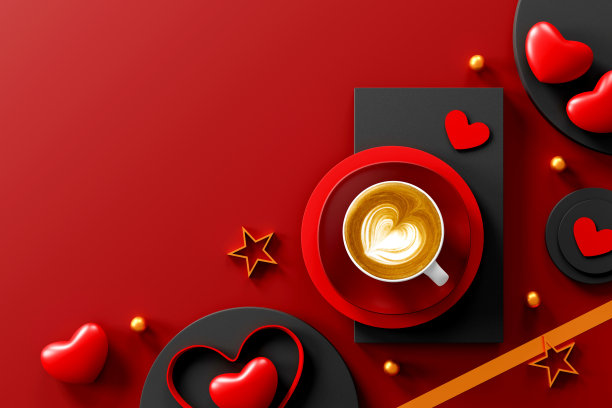 咖啡爱好者。热咖啡杯的顶部视图与咖啡师艺术心形泡沫，红色的心脏和卡片背景。情人节贺卡。前视图。平的。三维演示图片下载