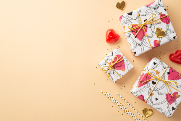 情人节的概念。目前盒子的顶部视图照片心形蜡烛吸管金色的五彩纸屑和闪亮的亮片在孤立的粉彩米色背景与复制空间图片下载