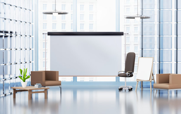 大的办公场所，投影仪屏幕与你的文字和椅子的空间。演示、会议室内部。三维渲染图图片下载