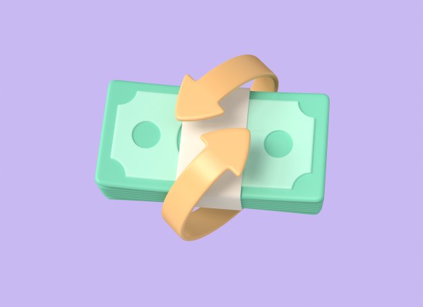 3d包装的绿色钞票和箭头周围的卡通风格。返现或退款的概念，货币兑换，支付服务。插图孤立在紫色背景上。三维渲染图片下载