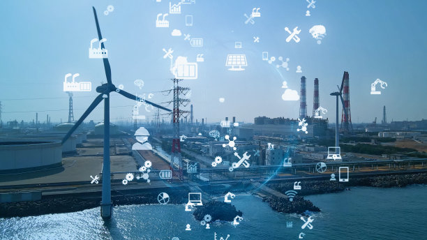 风力发电厂和技术。智能电网。可再生能源。可持续的资源。图片下载