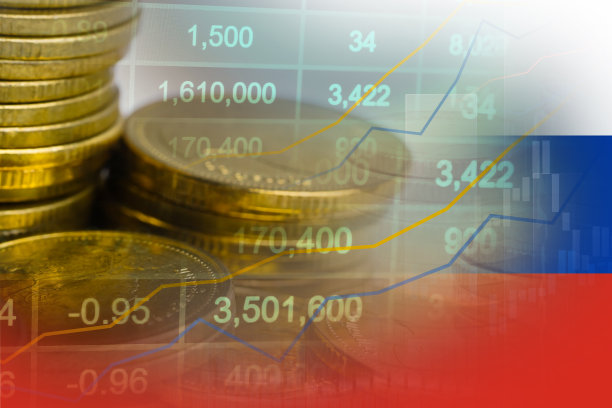 股票市场投资交易金融，硬币和俄罗斯国旗或外汇为分析利润金融业务趋势数据背景。图片下载