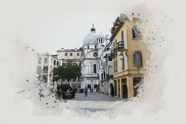 水彩画威尼斯的城市风景是意大利著名的地标。图片下载