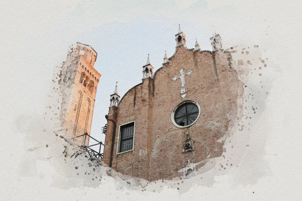 水彩画威尼斯的城市风景是意大利著名的地标。图片下载