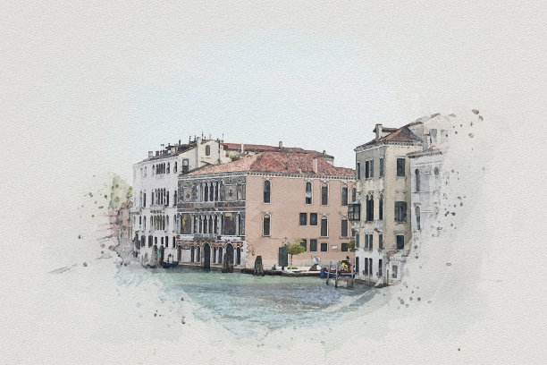 水彩画威尼斯的城市风景是意大利著名的地标。图片下载