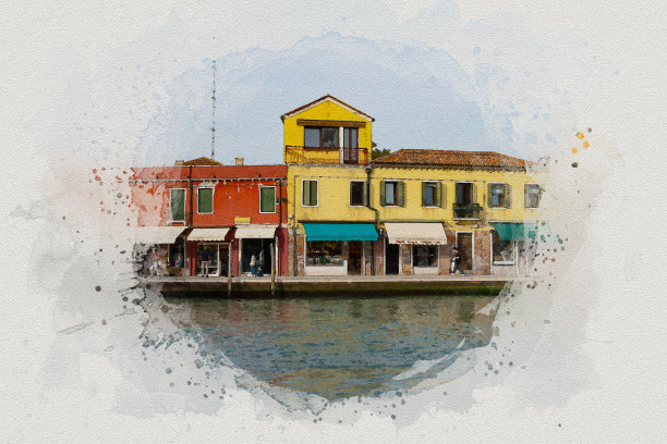 意大利穆拉诺岛著名地标水彩画城市景观。图片下载