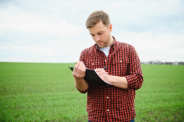 年轻的农民站在绿色的田野里，等待着庄稼的生长。图片下载