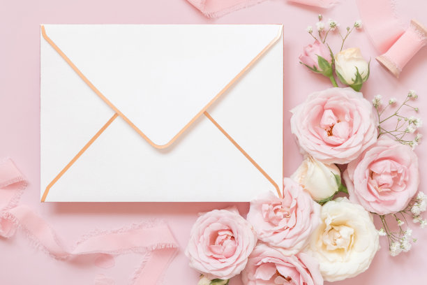 空白信封之间的粉红玫瑰和粉红色的丝带在粉红色的顶部视图，婚礼模型图片下载