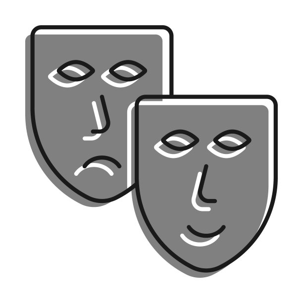 线性填充灰色彩色图标。喜剧和悲剧戏剧面具。戏剧首演，马戏团海报。简单的黑白矢量隔离在白色背景上图片下载