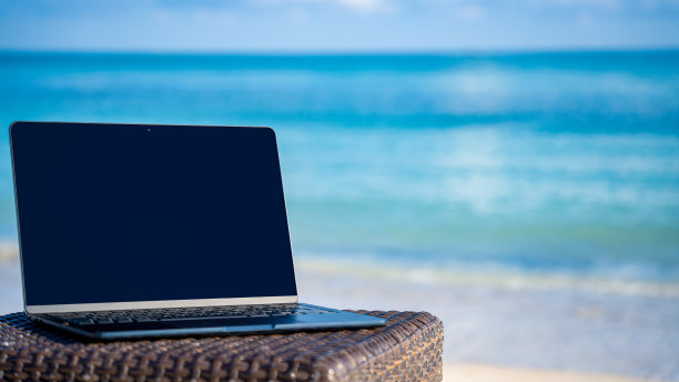 在海滩上用笔记本电脑远程工作图片下载