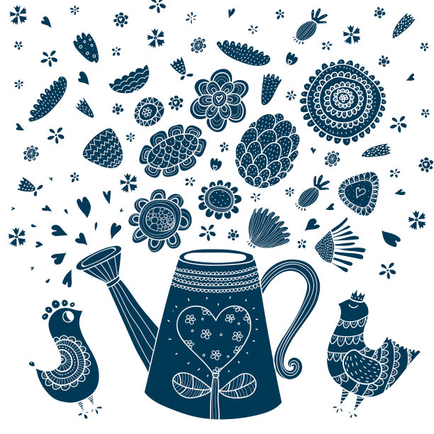 蓝色花园喷壶，鸟语花香。图片下载