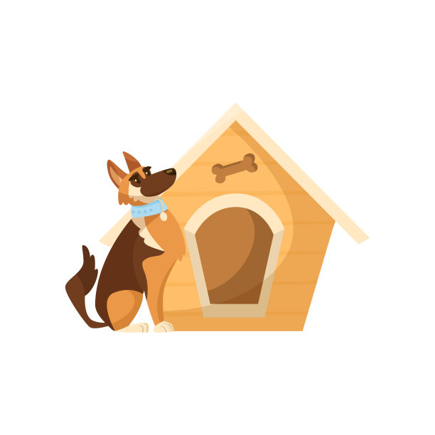 漫画狗坐在旁边的木制狗窝矢量插图图片下载