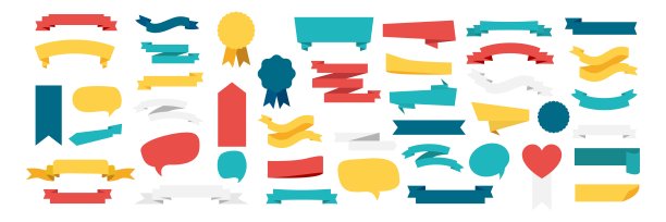 彩色矢量彩带横幅。带有标签、标签和质量徽章的彩带条幅套装。横幅设置和彩色彩带，孤立在白色背景。缎带横幅在现代简单的平面设计图片下载