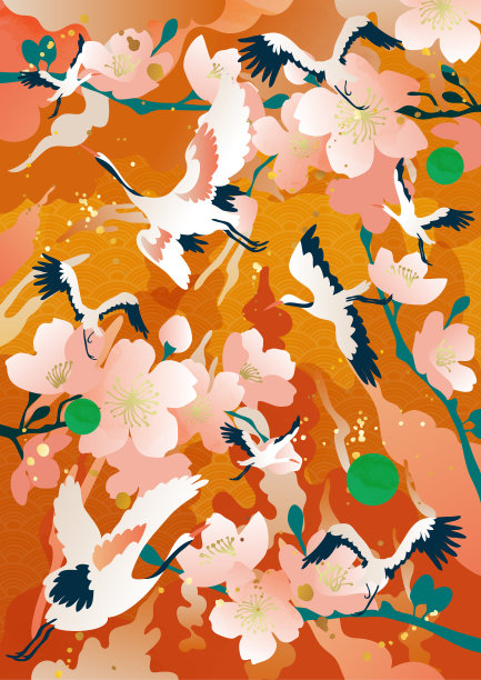 国潮风祥云仙鹤桃花水墨风背景墙装饰画图片下载