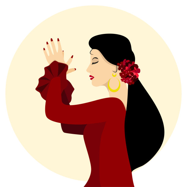 一个弗拉门戈舞者，戴着大耳环，头发上插着花，拍着手。安达卢西亚和西班牙民间传说的传统插图图片下载