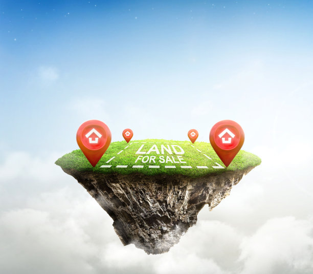 房间标志与定位销图标在隔间土壤和地质横截面与绿色的草。幻想浮岛自然景观与天堂的概念上的天空。图片下载