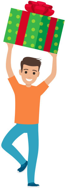 快乐的人跳舞与节日礼物在包装的盒子。年轻的微笑的家伙在礼品盒图片下载