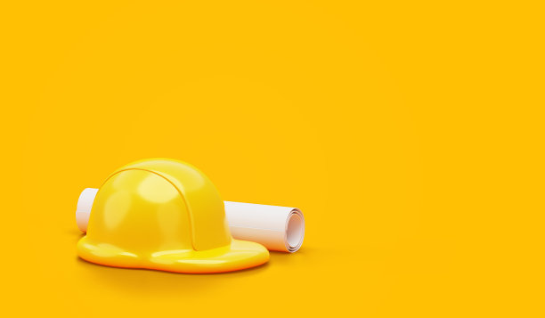 黄色头盔和工程图纸蓝图工程师架构建筑设备施工概念背景插图3d渲染图片下载