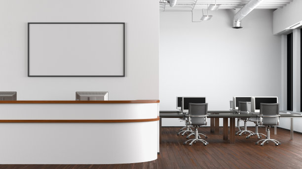 空白的水平海报在办公室前台上方的墙上图片下载