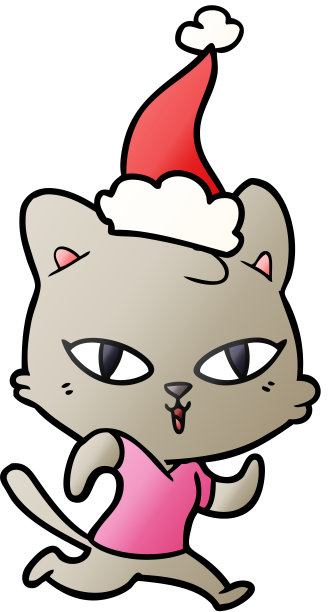 手绘渐变卡通猫出去跑戴着圣诞老人的帽子图片下载