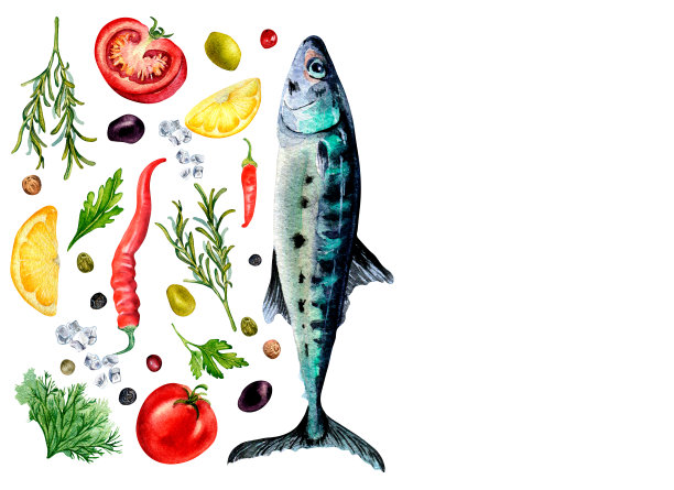 木板上的鲭鱼和草药水彩插图孤立在白色。图片下载