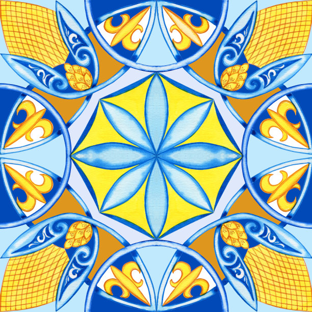 马略里卡水彩无缝图案。西西里手绘装饰。传统的蓝色和黄色瓷砖。葡萄牙传统的azulejo图案。摩洛哥风格。图片下载