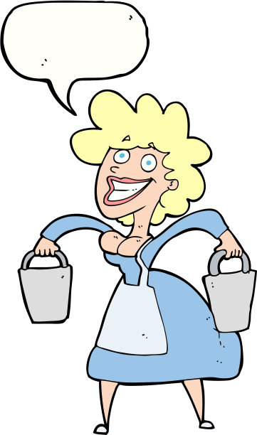 卡通挤奶女工提着带有语音泡泡的水桶图片下载
