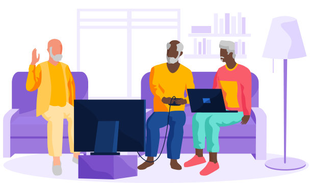 老年人与科技玩电子游戏与游戏手柄和笔记本电脑娱乐的退休人员图片下载