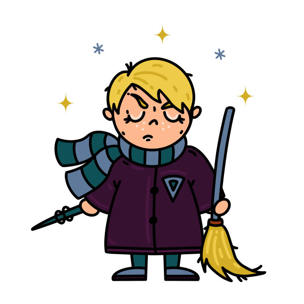 男孩魔术师矢量图标。一个戴着灰绿色围巾的巫师学生手里拿着一根魔杖和一把会飞的扫帚。穿着长袍的邪恶金发巫师。白色上孤立的卡通剪贴画。卡片、印刷品图片下载