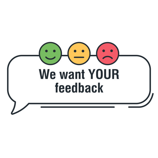 我们想要你对带有情绪量表的言语泡沫的反馈。徽章，邮票与快乐和不快乐的面孔图标。矢量图图片下载