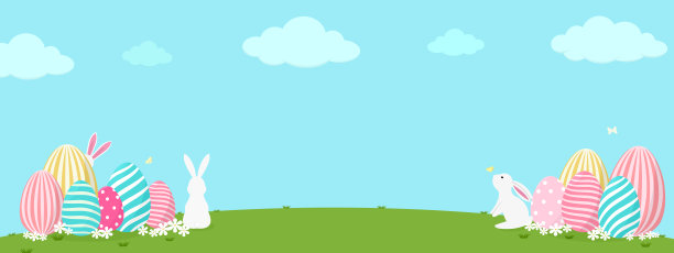 快乐的复活节横幅矢量插画，彩色粉彩不同图案的彩蛋和可爱的兔子兔在绿色的草地上春天花草地与多云的蓝天，复活节彩蛋寻找节日庆祝。图片下载