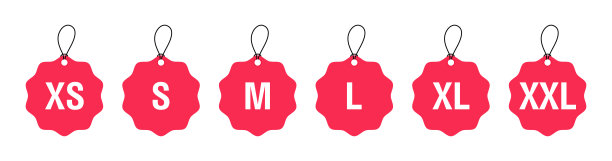 服装尺寸标签设置。XS, S, M, L, XL, XXL标签。矢量图图片下载