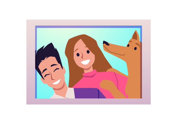 照片肖像快乐的年轻夫妇与狗平面矢量插图隔离。图片下载