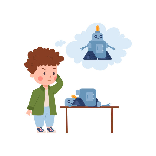 困惑的孩子男孩思考如何构建机器人平面风格，矢量插图图片下载