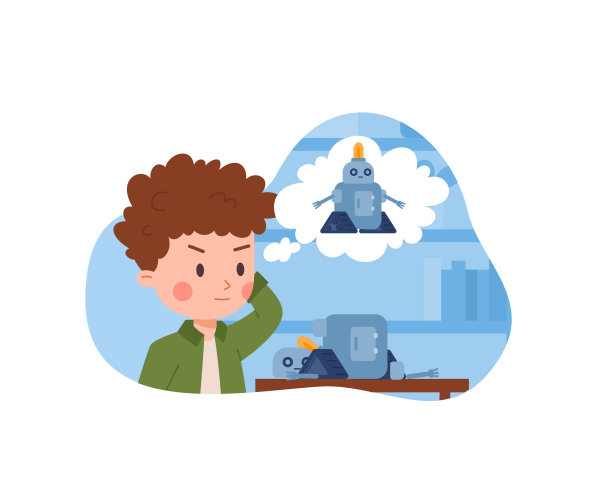 孩子建立一个智能机器人玩具平面矢量插图孤立的背景。图片下载