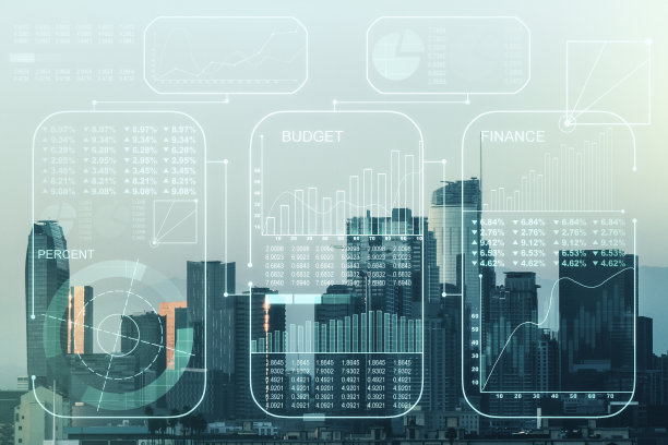 摘要虚拟分析数据电子表格对洛杉矶城市景观背景，分析和分析的概念。Multiexposure图片下载