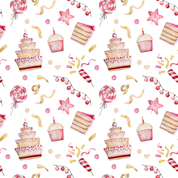生日快乐纸杯蛋糕水彩插图图片下载