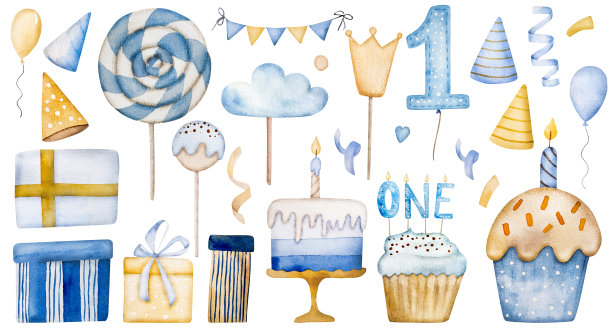 生日快乐纸杯蛋糕水彩插图图片下载