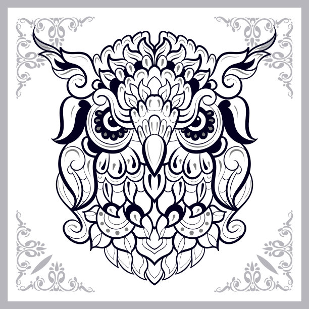 猫头鹰头曼陀罗艺术孤立在白色背景图片下载