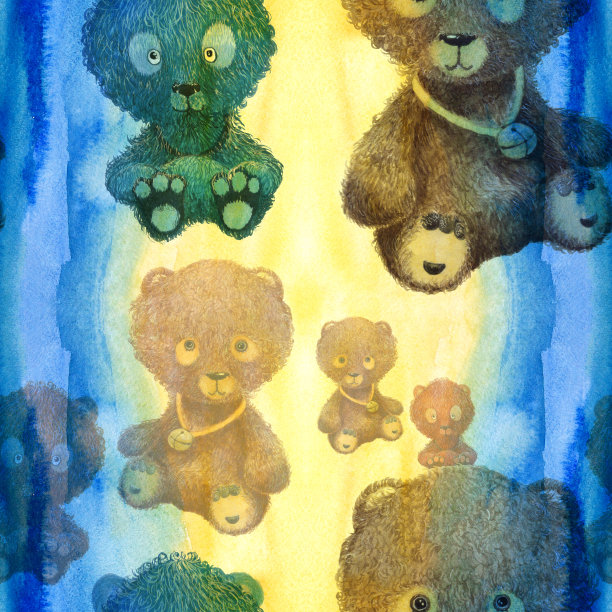 泰迪熊和糖果-无缝的背景。水彩画背景上的装饰构图。无缝模式。使用印刷材料，标志，物品，网站，地图，海报，明信片，包装。图片下载