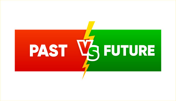 过去或未来的路标。相反方向的业务选择。生活、动力、成功、专注、发展理念。矢量插图。图片下载