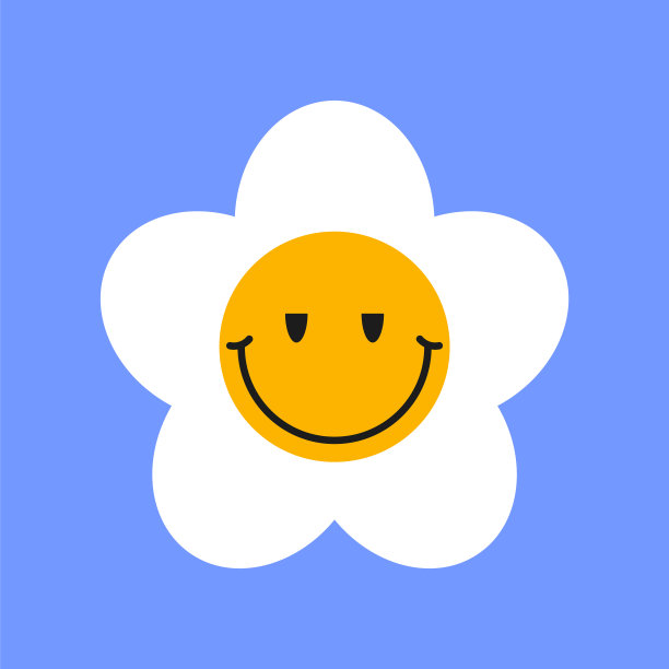 可爱的微笑白色洋甘菊字符在蓝色背景图片下载