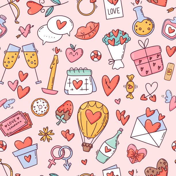 情人节卡通手绘无缝图案，可爱又浪漫，涂鸦线条风格。向量图片下载