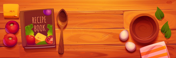 厨房桌子上有合上的食谱、食材图片下载